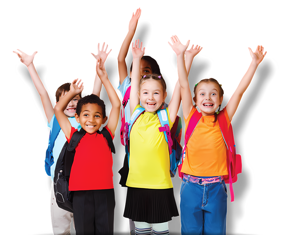 Students celebrating with their backpacks on
